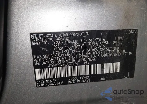 2004 Toyota Rav4 z USA, uszkodzony, nr VIN JTEHD20V740037174